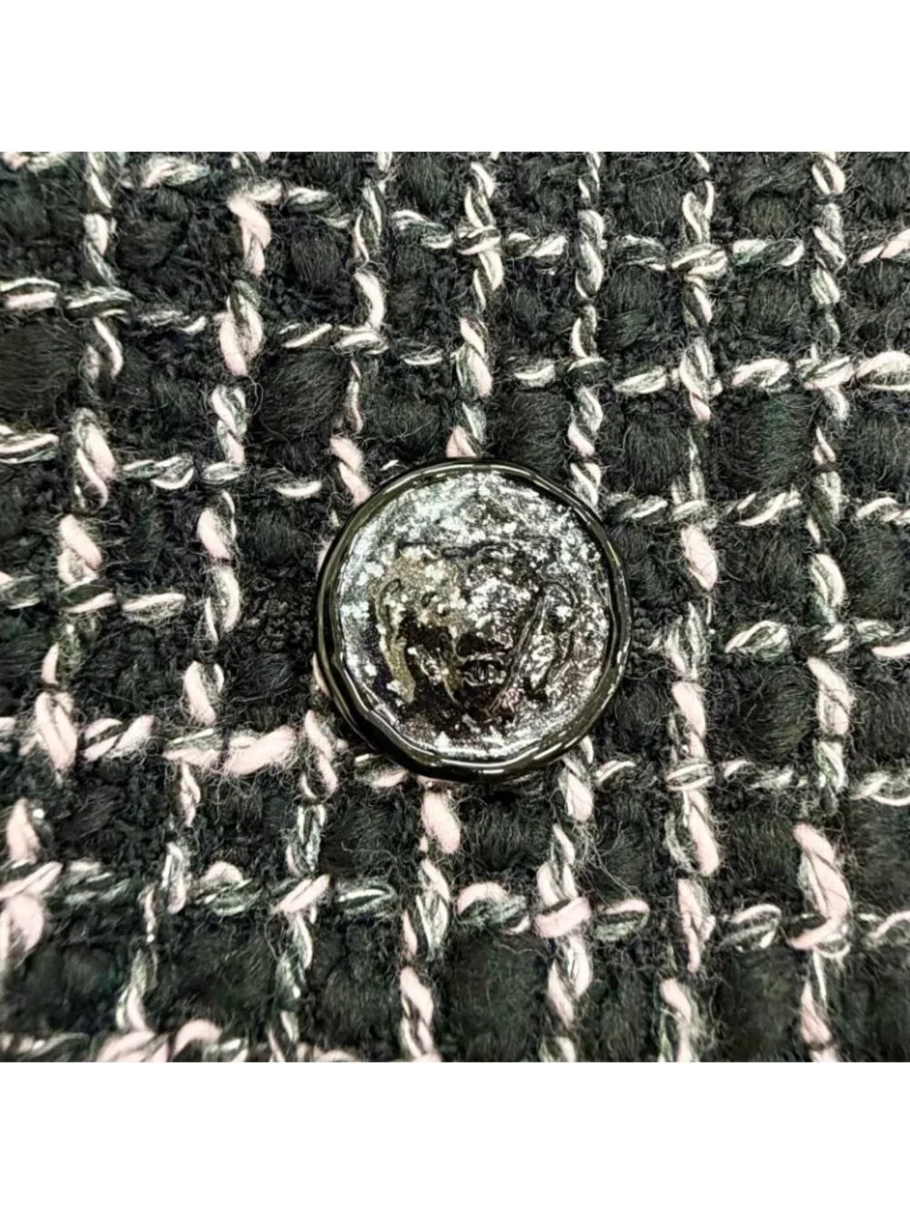 Chanel 22B Wool CC Logo Lion Button Tweed Wrap Skirt Black Pink 36